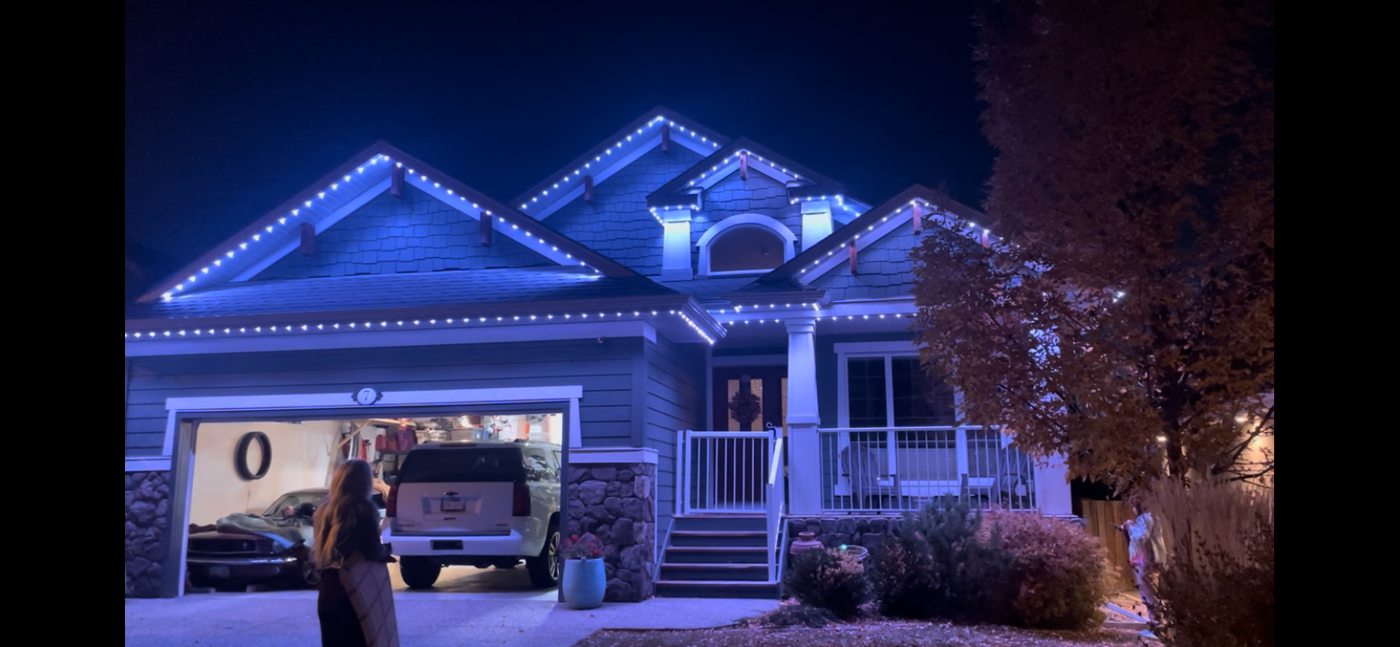 Full front elevation lit at night